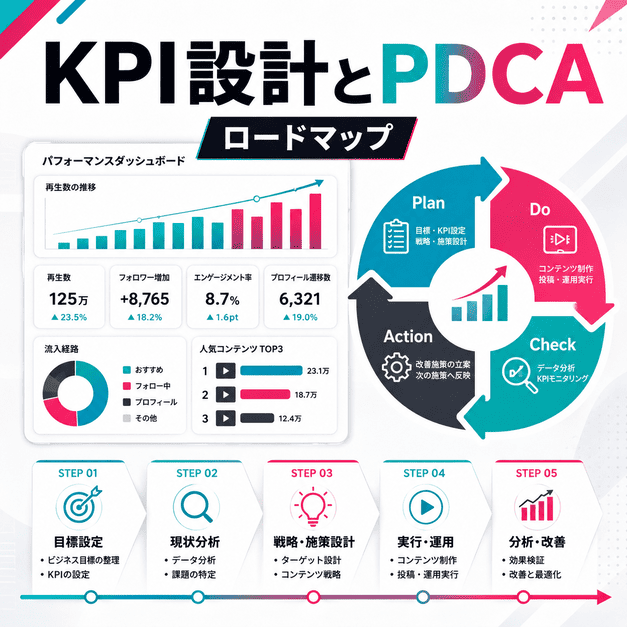 健診クリニックのTikTok運用でKPIを確認し、PDCAサイクルとロードマップに沿って改善する様子を表したイラスト
