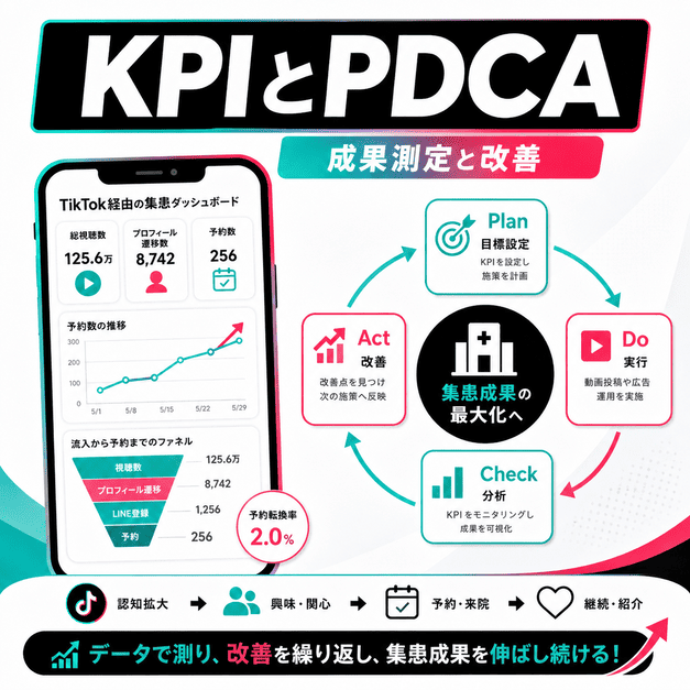 TikTok経由の集患成果をKPIで測定し、PDCAで改善する流れを表したイラスト