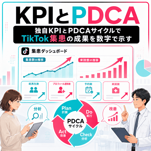 TikTok集患の成果をKPIダッシュボードとPDCAサイクルで可視化するイラスト