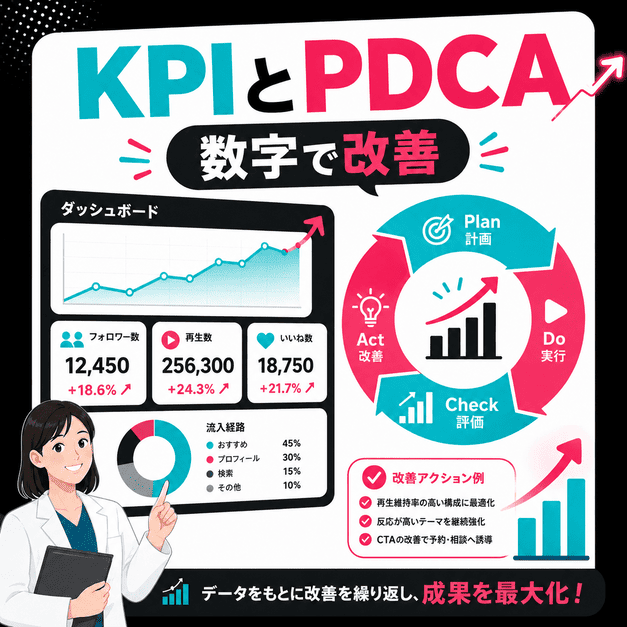 KPIダッシュボードとPDCAサイクルでTikTok運用成果を数字で改善する様子のイラスト