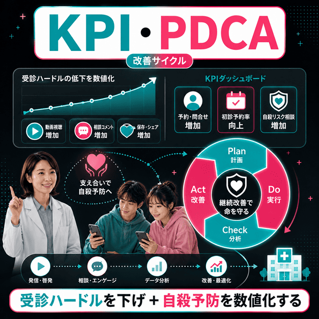 心療内科TikTokのKPIとPDCAで受診ハードル低下や自殺予防効果を可視化するイメージ