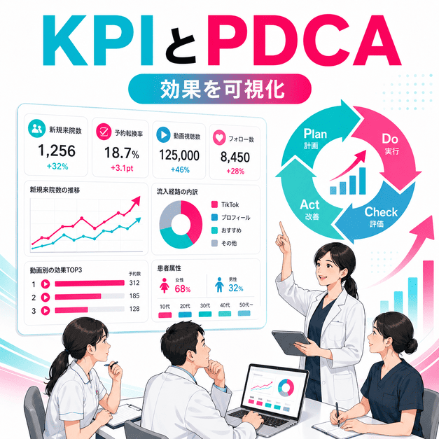 TikTok集患のKPIをダッシュボードで確認し、PDCAサイクルで改善するクリニック運用のイメージ