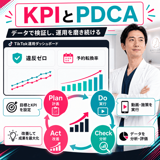 TikTok集患のKPI管理とPDCAサイクルで運用改善を続ける様子を示したイラスト