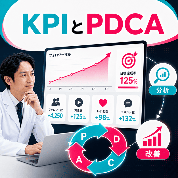 KPI分析とPDCAサイクルを使って、脳神経内科のTikTokアカウントを継続的に改善する様子を示したイラスト
