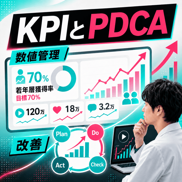 呼吸器内科TikTokのKPIを分析しPDCAサイクルで改善する数値管理のイラスト