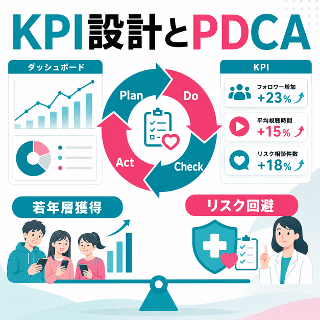KPIダッシュボードとPDCAサイクルで若年層獲得とリスク回避を両立する運用管理を示したイラスト