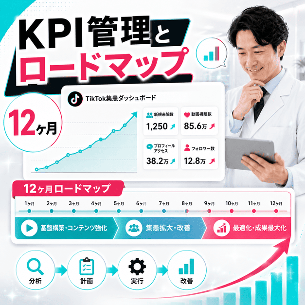 TikTok集患のKPIダッシュボードと12ヶ月ロードマップを確認し、成果を積み上げる様子を示したイラスト