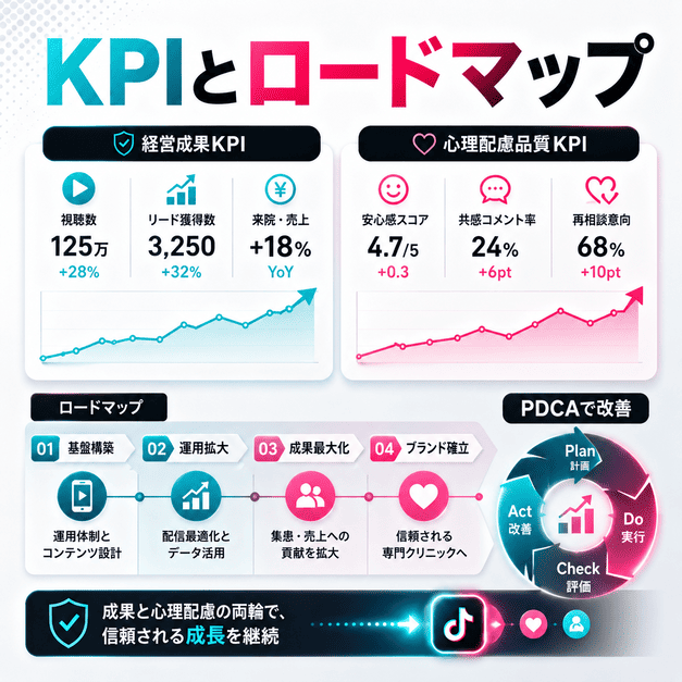 経営成果と心理配慮品質を同時に追うKPI管理とロードマップを表したイラスト