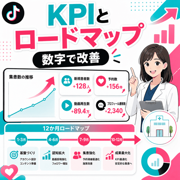 独自KPIと12か月ロードマップでTikTok集患の成果を数字で追う様子を表したイラスト