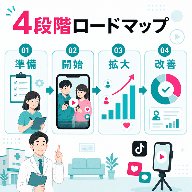 精神科クリニックがTikTok集患を4段階で立ち上げるロードマップの図解