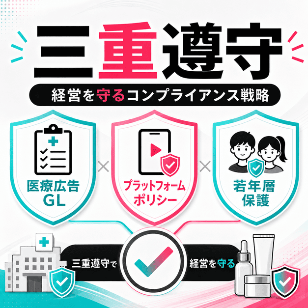 医療広告ガイドライン、TikTokポリシー、若年層保護を三重に遵守して美容皮膚科の運用リスクを抑えるイラスト