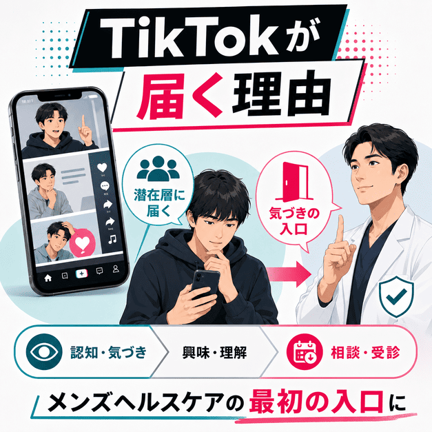 TikTokが検索前の若年男性に届き、メンズヘルスクリニックの集患入口になる流れを示したイラスト
