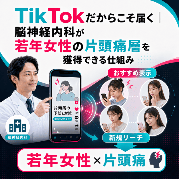 TikTokのおすすめ表示を通じて、脳神経内科が片頭痛に悩む若年女性へ情報を届ける仕組みを示したイラスト