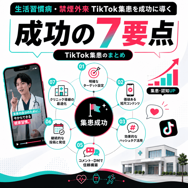 生活習慣病・禁煙外来のTikTok集患を成功に導く7つの要点をまとめたイラスト