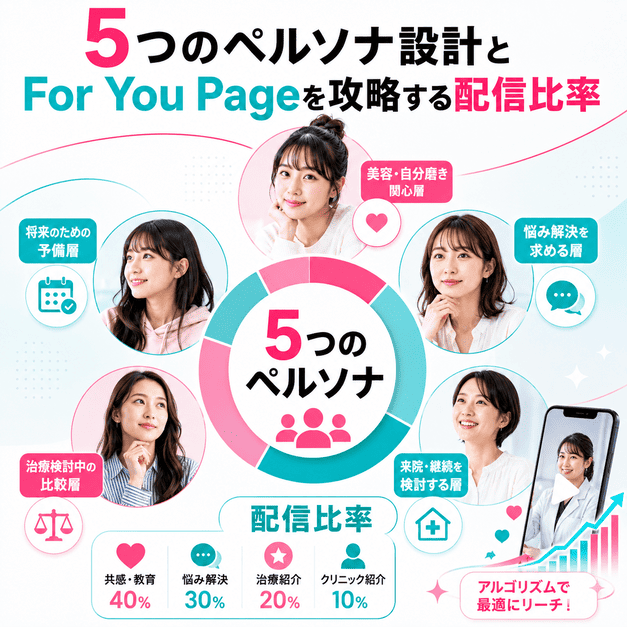 レディースクリニックのTikTok運用で5つのペルソナと配信比率を設計する様子を表したイラスト