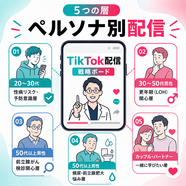 若年層性病・男性更年期・前立腺がん検診など5つのペルソナ別配信戦略を示したイラスト