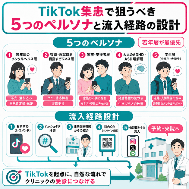 精神科TikTok集患で狙う5つのペルソナと流入経路を整理した図解