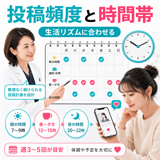 投稿カレンダーと時間帯設計により、難病若年女性の生活リズムに合わせたTikTok運用を示すイラスト