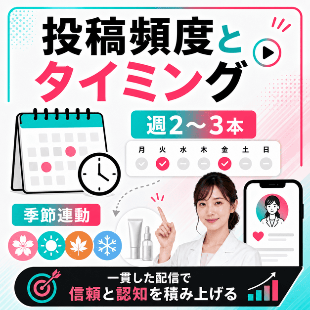 美容皮膚科のTikTok投稿で週2〜3本の頻度や季節連動の配信タイミングを整理したイラスト