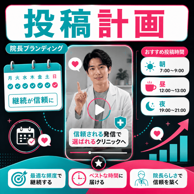 心療内科の院長が投稿頻度や投稿時間を計画し信頼される発信を続けるイメージ