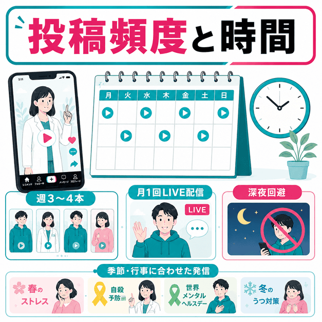 精神科TikTokの投稿頻度、配信時間、季節連動の考え方をまとめた図解