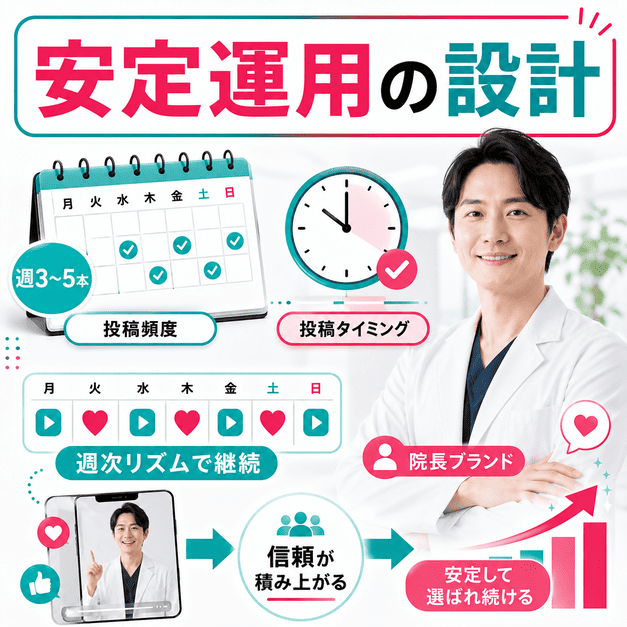 投稿頻度や投稿タイミング、院長ブランディングによってTikTok運用を安定化する流れを示したイラスト