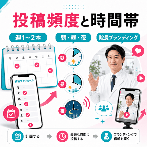 投稿頻度、朝昼夜の配信タイミング、院長ブランディングを組み合わせて信頼を築くイメージ