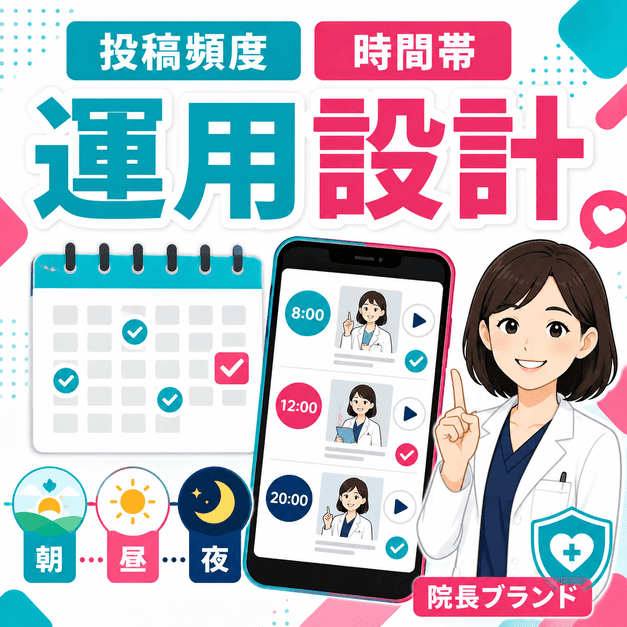 投稿頻度や投稿時間帯、院長ブランディングを組み合わせたTikTok運用設計のイラスト