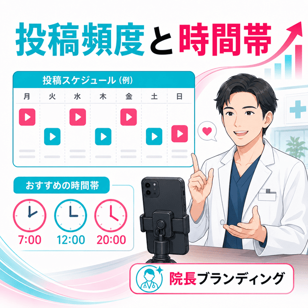 投稿スケジュールや時間帯を管理し、院長の動画発信で信頼感を高めるTikTok運用のイメージ