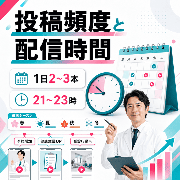 投稿頻度や配信時間、健診シーズンに合わせてTikTok運用を計画する様子を表したイラスト