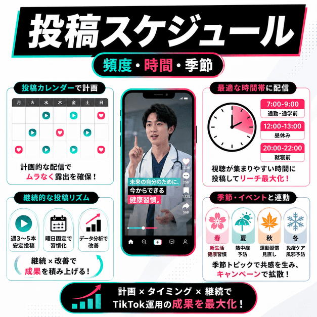 TikTok投稿の頻度、配信タイミング、季節連動キャンペーンを計画する運用スケジュールのイラスト