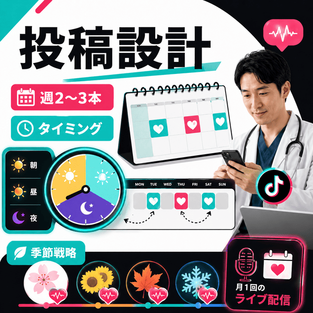循環器内科TikTokの投稿頻度、投稿タイミング、季節戦略をカレンダーで示すイラスト