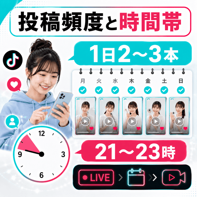 医療脱毛クリニックのTikTok投稿頻度と21〜23時の配信タイミングをカレンダーと時計で示したイラスト