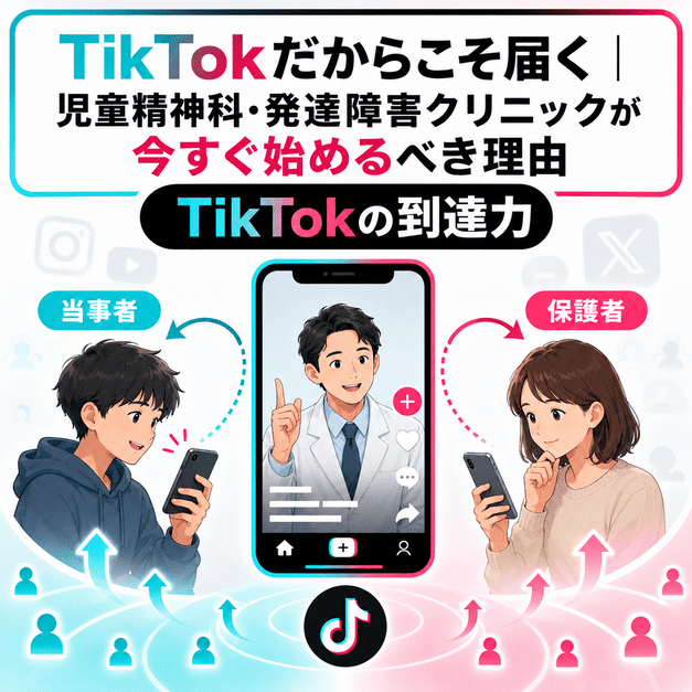 TikTokの短尺動画が発達障害の当事者と保護者の双方に届く仕組みを表したイラスト