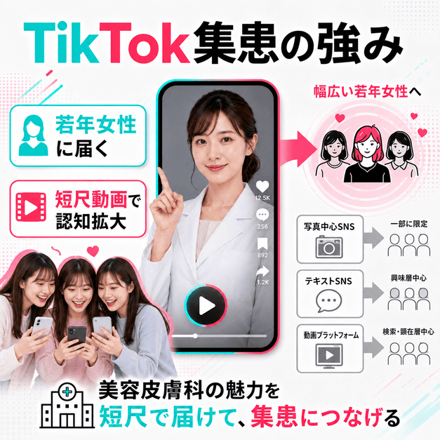 美容皮膚科がTikTokの短尺動画を活用して若年女性へ認知を広げる仕組みを示したイラスト