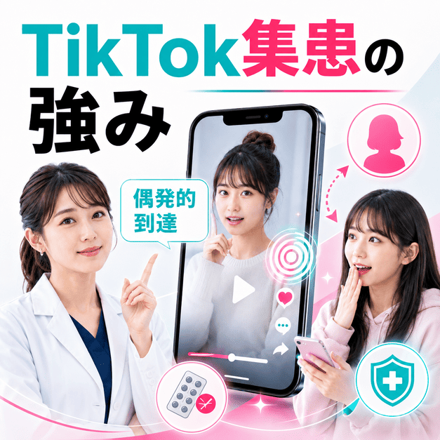 TikTokで若年女性に偶発的に医療情報が届き、レディースクリニックの集患につながる様子を表したイラスト
