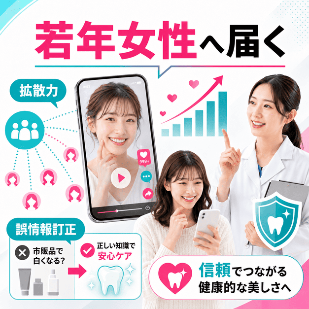 TikTokの短尺動画で若年女性へ審美歯科やホワイトニングの正しい情報を届けるイメージ