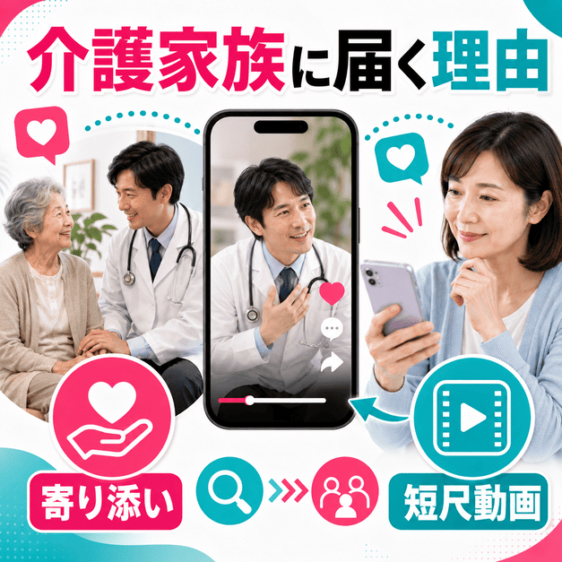 訪問診療の医師と高齢患者、介護家族がスマホ動画を通じてつながる様子を表したイラスト
