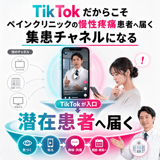 TikTokを入口にして、慢性疼痛に悩む潜在患者へペインクリニックの情報が届く流れを表したイラスト