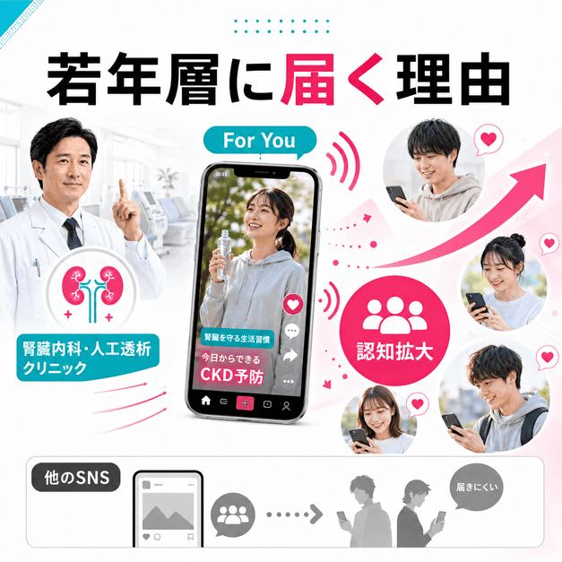 腎臓内科・人工透析クリニックの情報が短尺動画を通じて若年層に届き、認知拡大につながる様子
