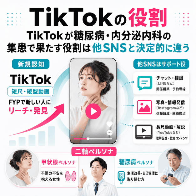 TikTokが糖尿病・内分泌内科の集患で新規認知を広げ、他SNSと異なる役割を持つことを示した図解