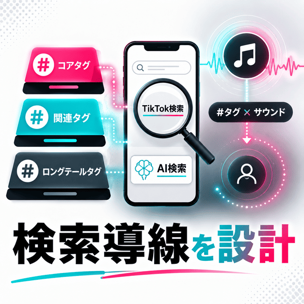 ハッシュタグ、検索、サウンド選定を組み合わせてTikTok検索とAI検索への導線を設計する様子を表したイラスト