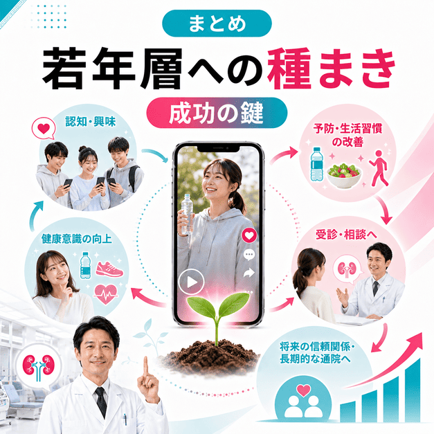 若年層へのTikTok啓発が将来のCKD予防意識、受診相談、長期的な信頼関係につながるまとめのイメージ