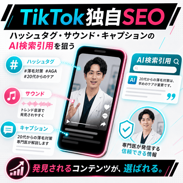 ハッシュタグ、サウンド、キャプション、AI検索引用を活用してAGA情報を見つけてもらう仕組みを表したイラスト