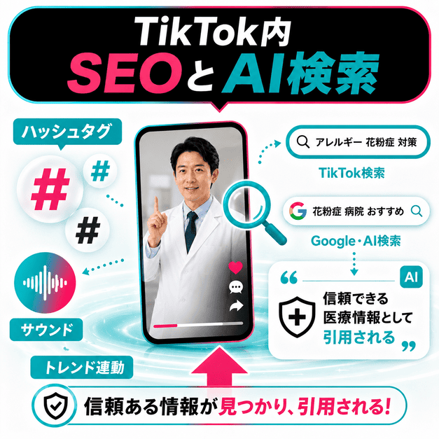 ハッシュタグ、サウンド、検索対策によりアレルギー科の信頼できる動画がAI検索にも引用されるイメージ