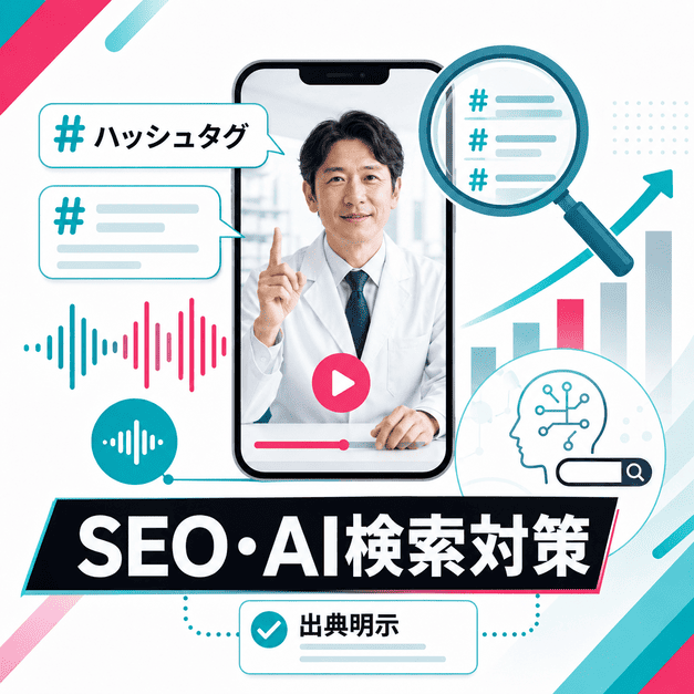ハッシュタグ、サウンド、出典明示を活用してTikTok内SEOとAI検索対策を進める様子を表したイラスト