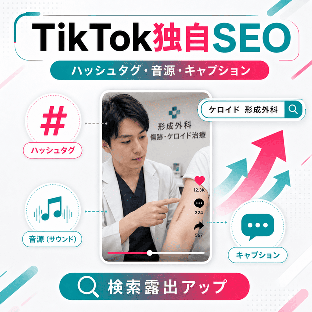 形成外科の傷跡治療やケロイド治療に関する検索露出を高めるTikTok独自SEOの要素を示したイラスト