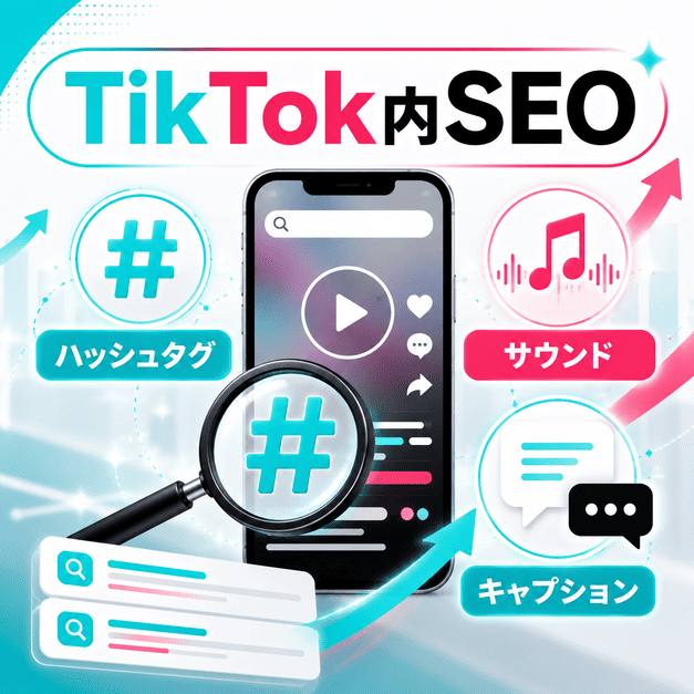 ハッシュタグ、サウンド、キャプションを活用してTikTok内SEOを強化する仕組みを示したイラスト