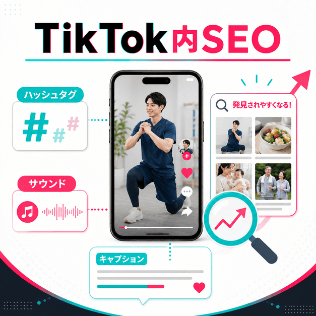 ハッシュタグ、サウンド、キャプションでTikTok内検索に見つかりやすくする運用イメージ