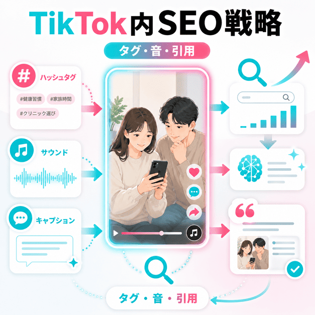 ハッシュタグ、サウンド、キャプション、検索、AI引用を組み合わせたTikTok内SEO戦略を示すイラスト